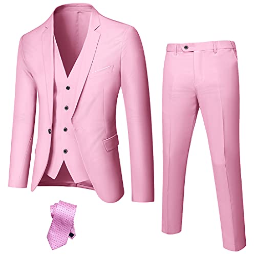 Hihawk Men's 3 Piece Suit with Stretch Fabric, Solid Slim Fit One Button Suit Blazer Set, Jacket Vest Pants with Tie. Light Pink Large